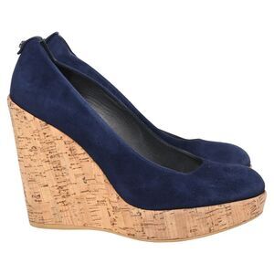 Stuart Weitzman Corkswoon Wedge Pumps in Navy Blue Suede